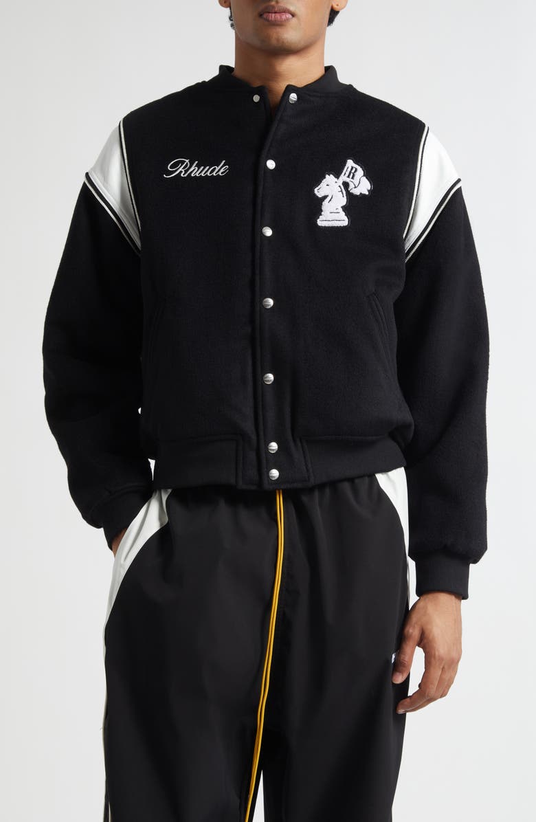 Rhude Regista Wool Blend Varsity Jacket, Main, color, Black / White / Gold