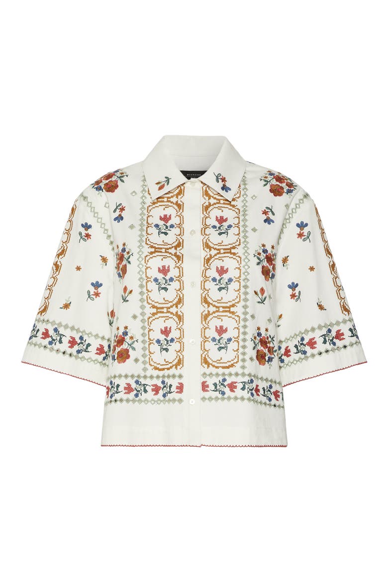 Farsa Embroidery Detail Cotton Button-Up Shirt, Alternate, color, WHITE