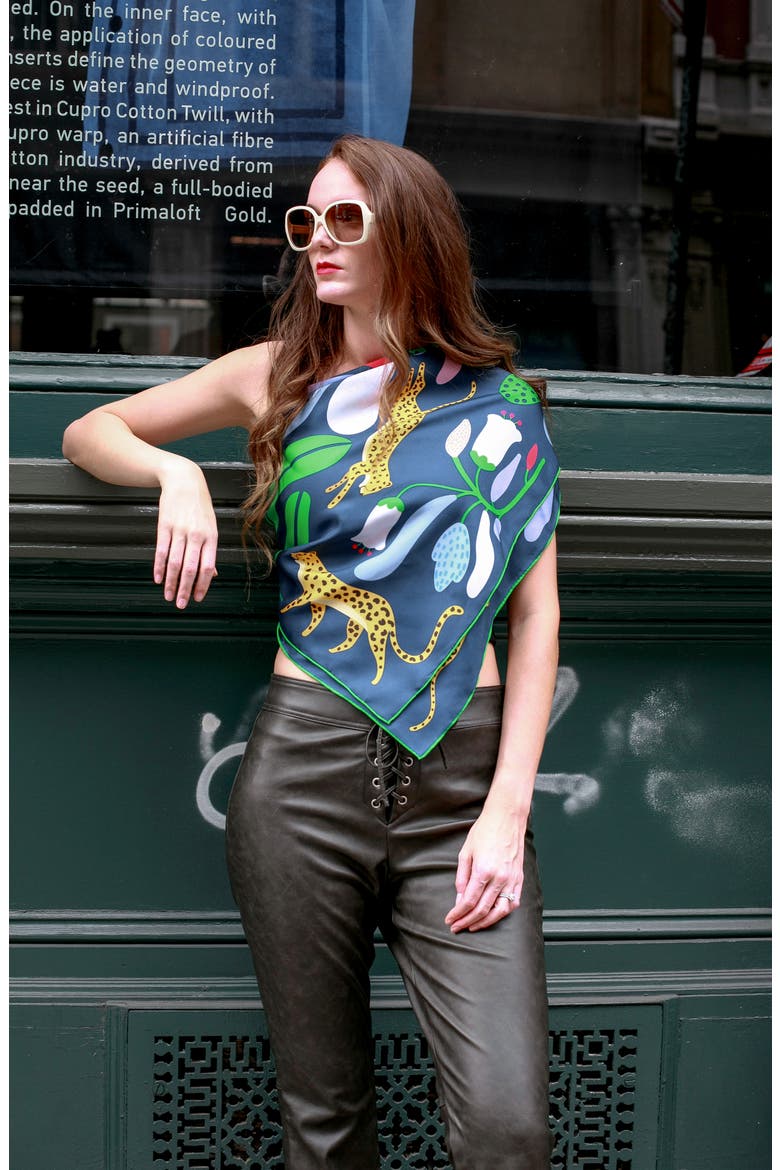 Double Sided Silk Scarf Of Jungle Night, Alternate, color, Blue