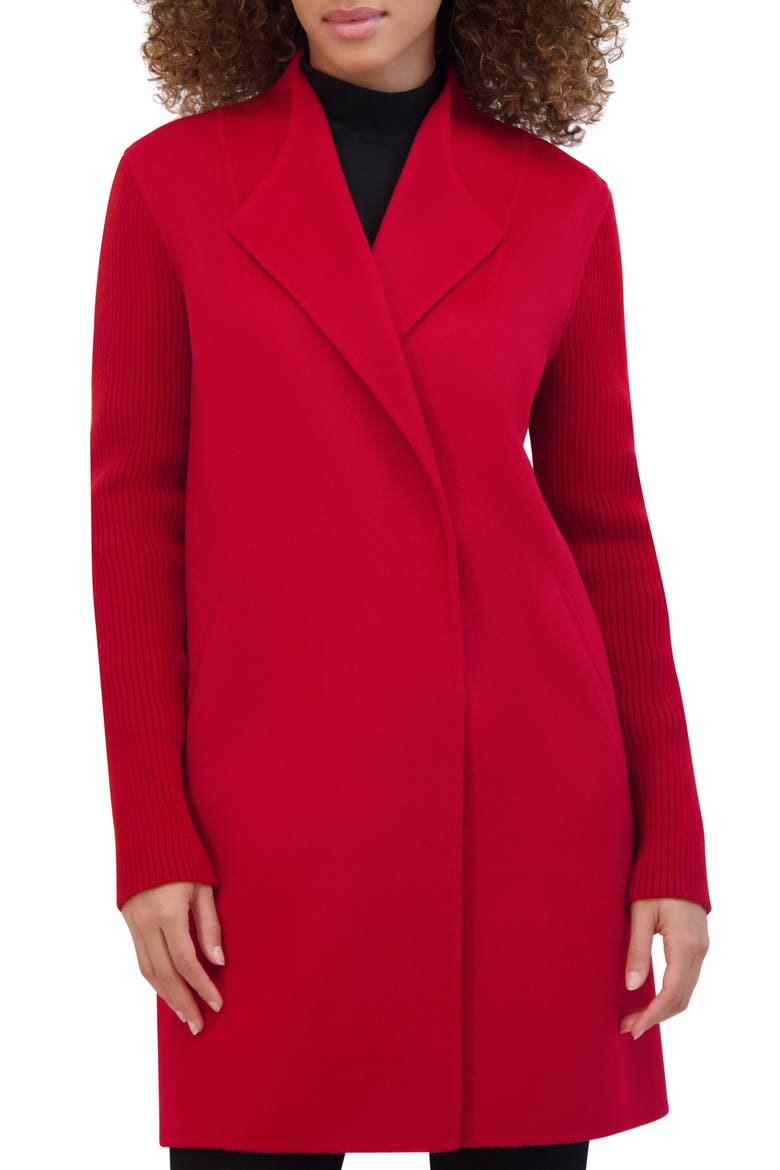 Knit Sleeve Wool Blend Coat, Main, color, RED