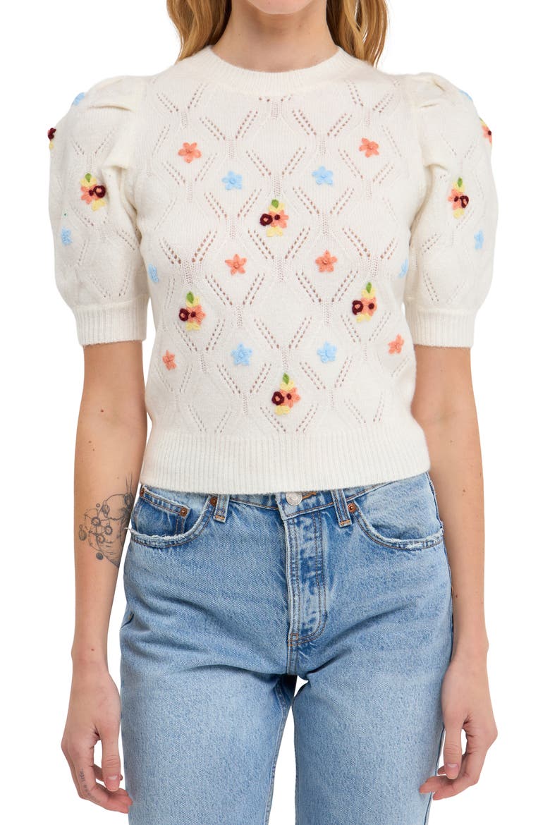 Floral Embroidery Sweater, Alternate, color, CREAM