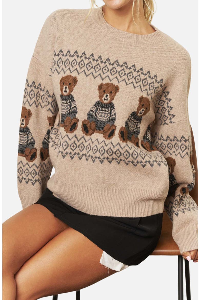 Teddy Bear Crewneck Sweater, Alternate, color, KHAKI
