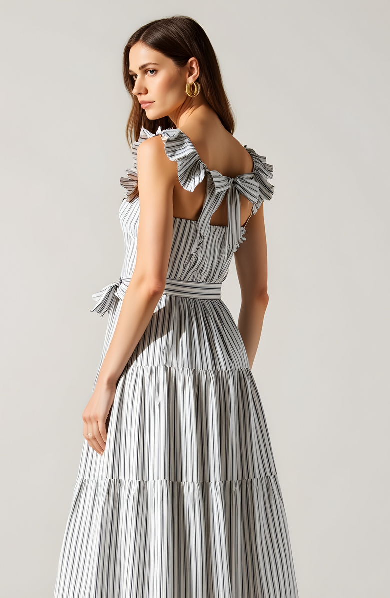 Modenaire Striped Tiered Midi Dress with Ruffle Sleeves and Front Waist Tie, Alternate, color, 