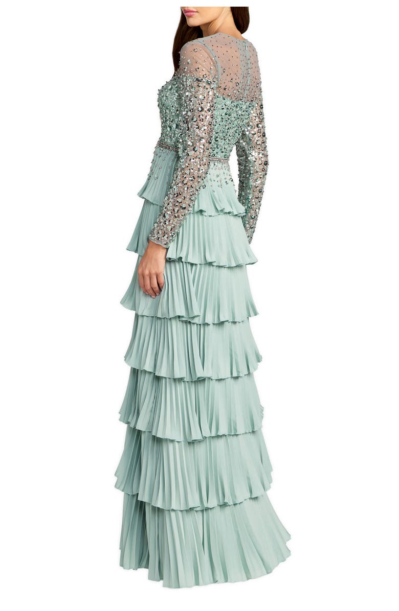 Mac Duggal Crepe Ruffled Long Sleeve Evening Gown with Beaded Mesh Top, Alternate, color, Sage