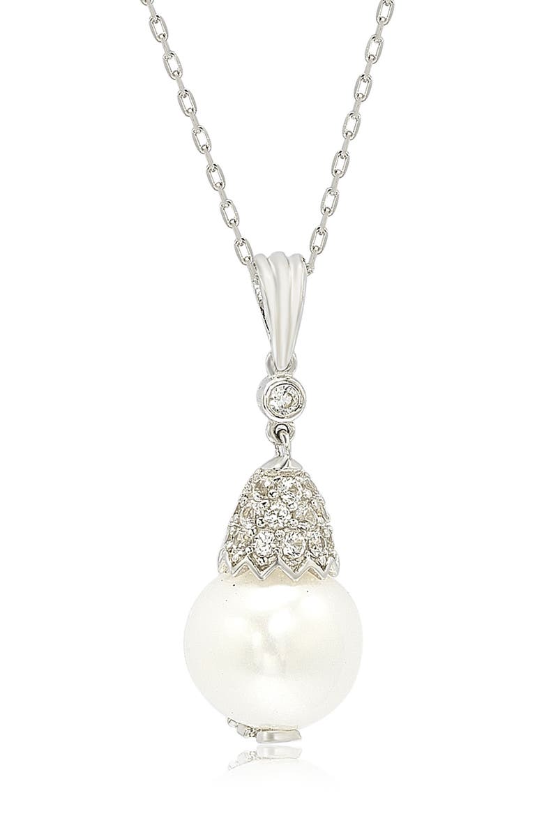 Sterling Silver 9mm Freshwater Pearl & Created Sapphire Pendant, Main, color, WHITE