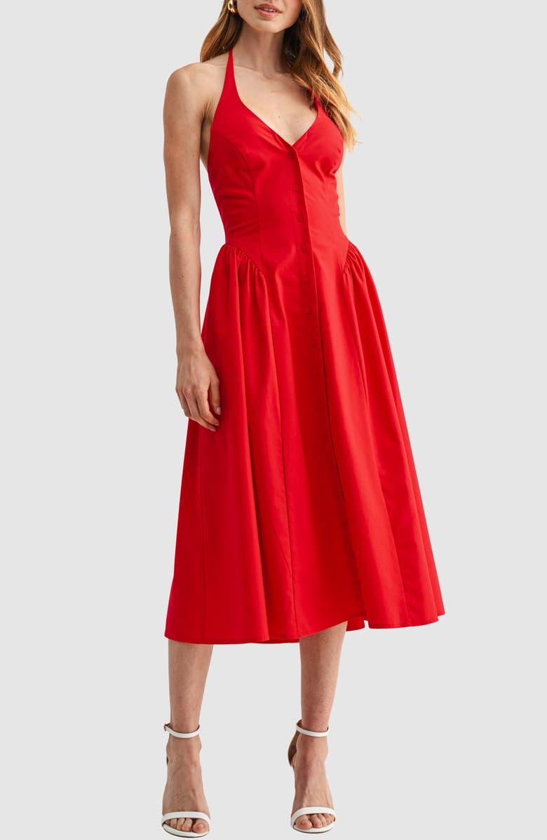 All in Favor Halter Button Front Midi Dress, Main, color, Red