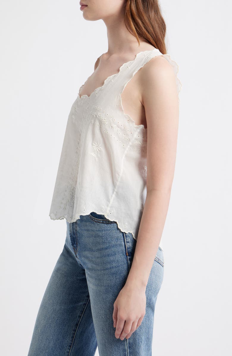 THE GREAT. The Eyelet Embroidered Scallop Trim Cotton Tank, Alternate, color, White