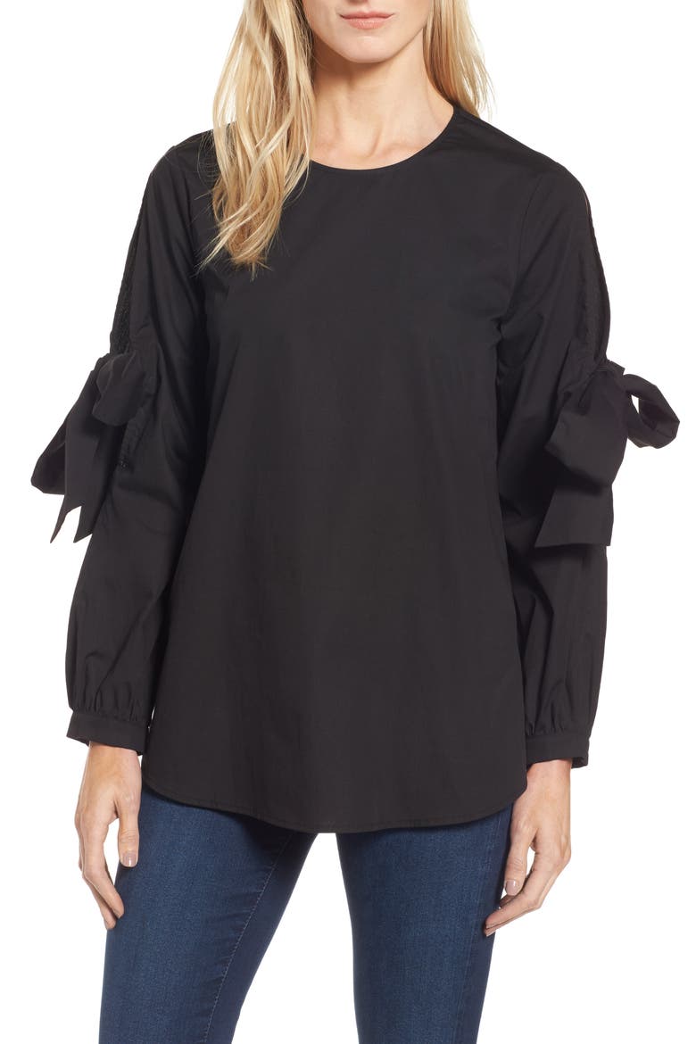 Tie Sleeve Poplin Blouse, Main, color, BLACK