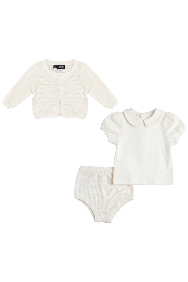 Girl Textured Knit Cardigan, Cotton Shirt and Shorts Set, Main, color, Ivory