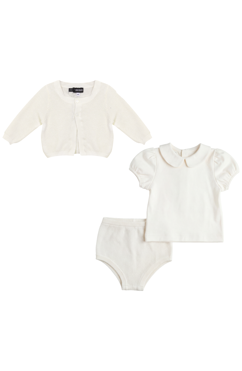 Space Grey Girl Textured Knit Cardigan, Cotton Shirt and Shorts Set, Main, color, Ivory