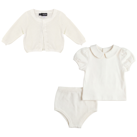 Girl Textured Knit Cardigan, Cotton Shirt and Shorts Set (Toddler)