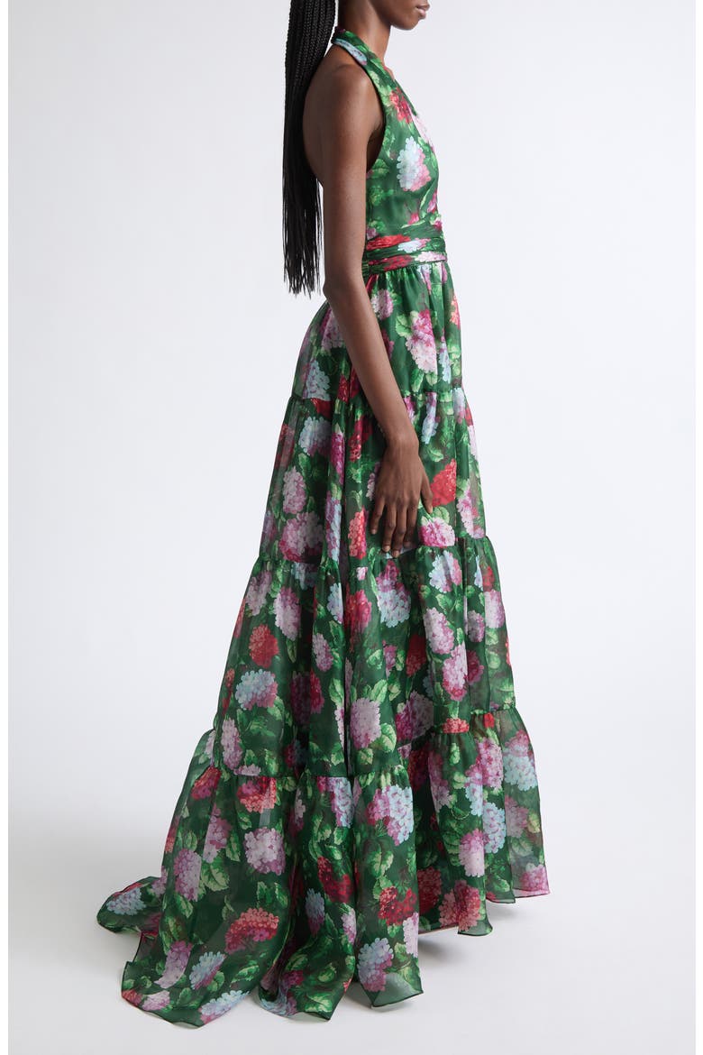 Hydrangea Tiered Silk Halter Neck Gown, Alternate, color, RACING GREEN MULTI