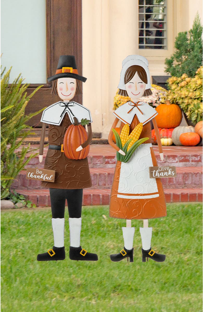 Glitzhome Set of 2 Metal Thanksgiving Pilgrim Yard Stakes, Alternate, color, Orange