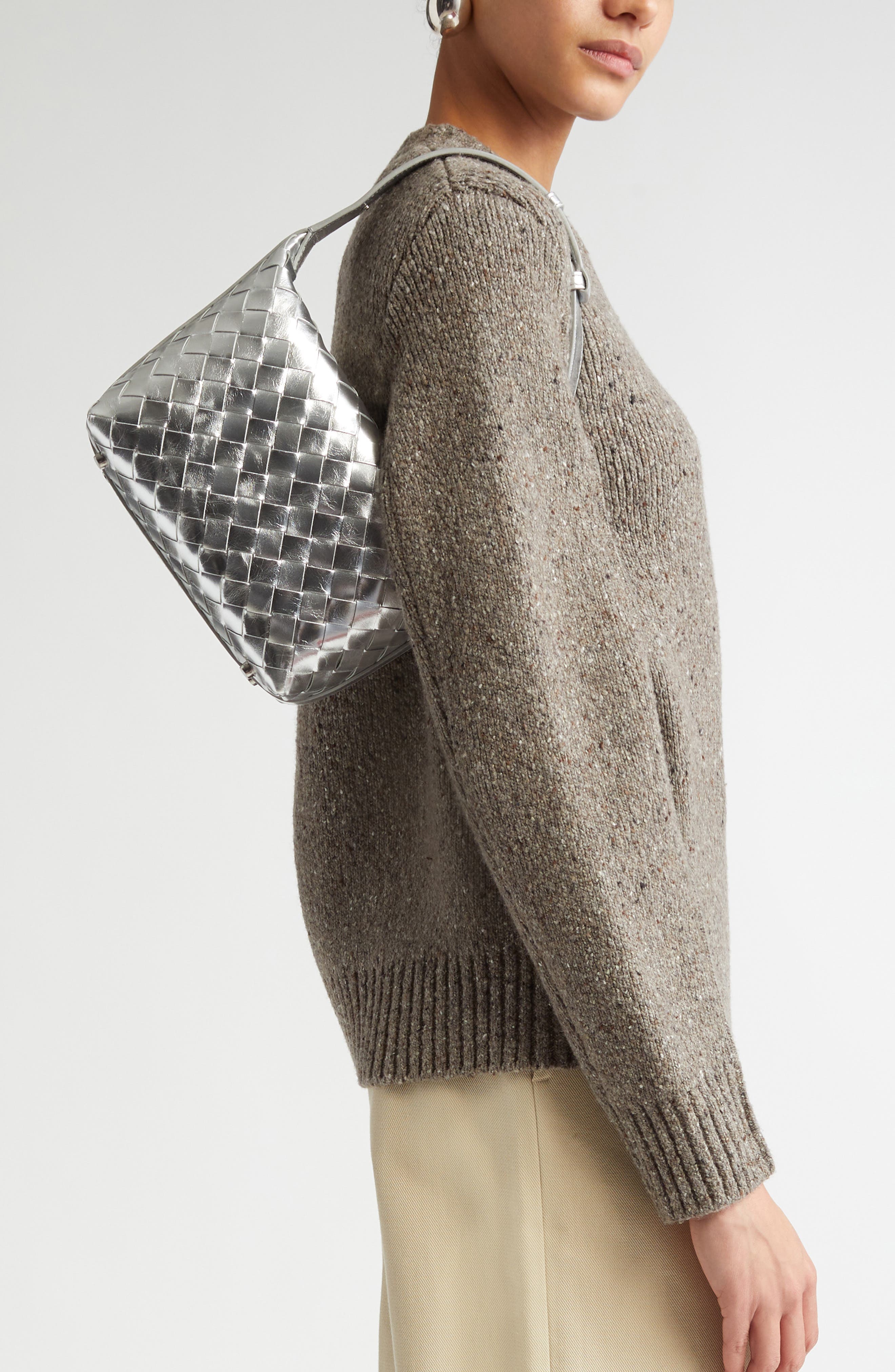 Bottega Veneta Mini Wallace Mirror Intrecciato Metallic Leather Shoulder Bag, Alternate, color, 8101 Silver/ Silver