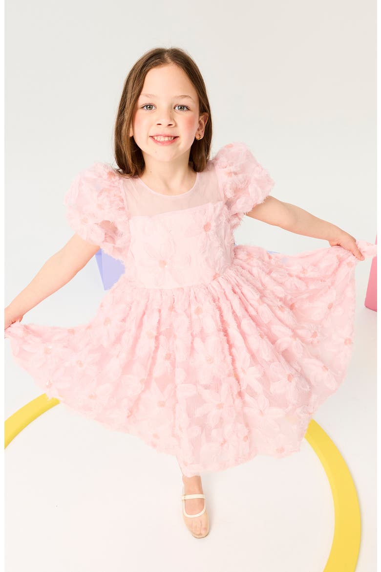 Kids' 3D Floral Puff Sleeve Tulle Party Dress, Alternate, color, SOFT PINK