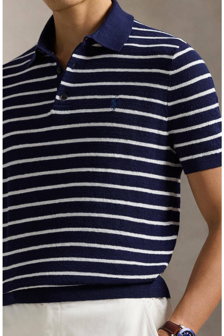 Stripe Cotton & Linen Polo Sweater, Alternate, color, BRIGHT NAVY COMBO