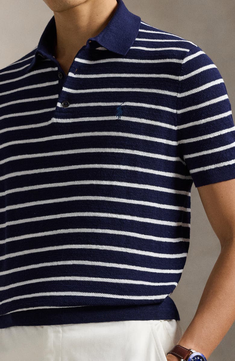 Polo Ralph Lauren Stripe Cotton & Linen Polo Sweater, Alternate, color, Bright Navy Combo