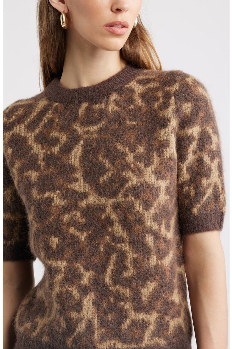 Jacquard Short Sleeve Sweater, Alternate, color, BROWN- TAN ALLEY LEOPARD