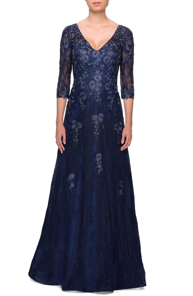 La Femme Embroidered Lace Gown, Main, color, 