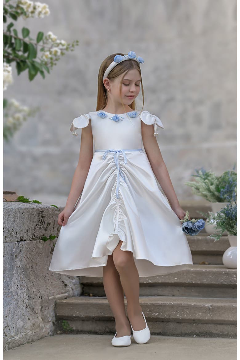 Daphne Satin Dress with Blue Embroidery, Alternate, color, White and Baby Blue