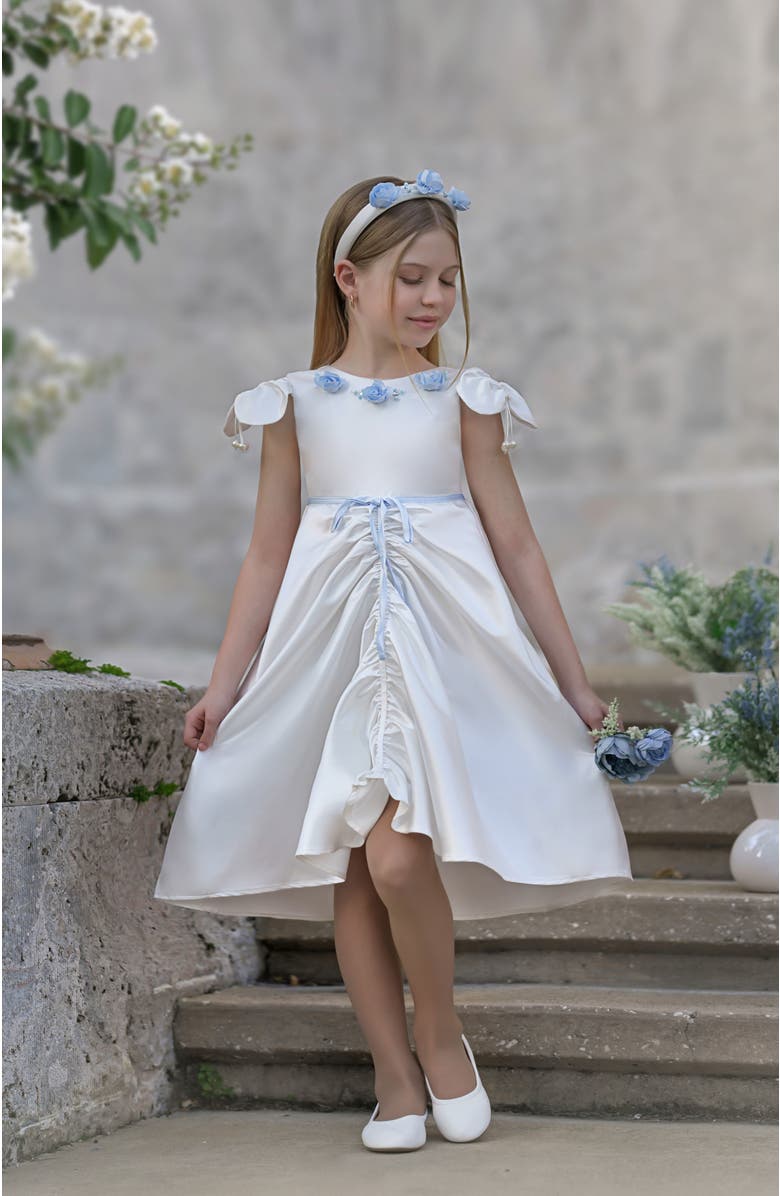 Petite Maison Kids Daphne Satin Dress with Blue Embroidery, Alternate, color, White And Baby Blue