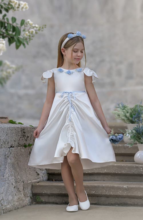 Petite Maison Kids Daphne Satin Dress With Blue Embroidery In White And Baby Blue