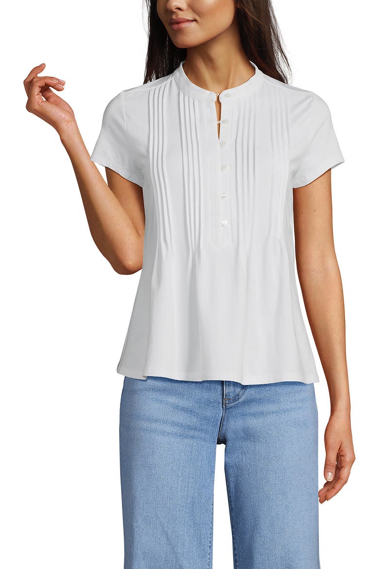 Short Sleeve Lightweight Jersey Button Pintuck Top, Alternate, color, White