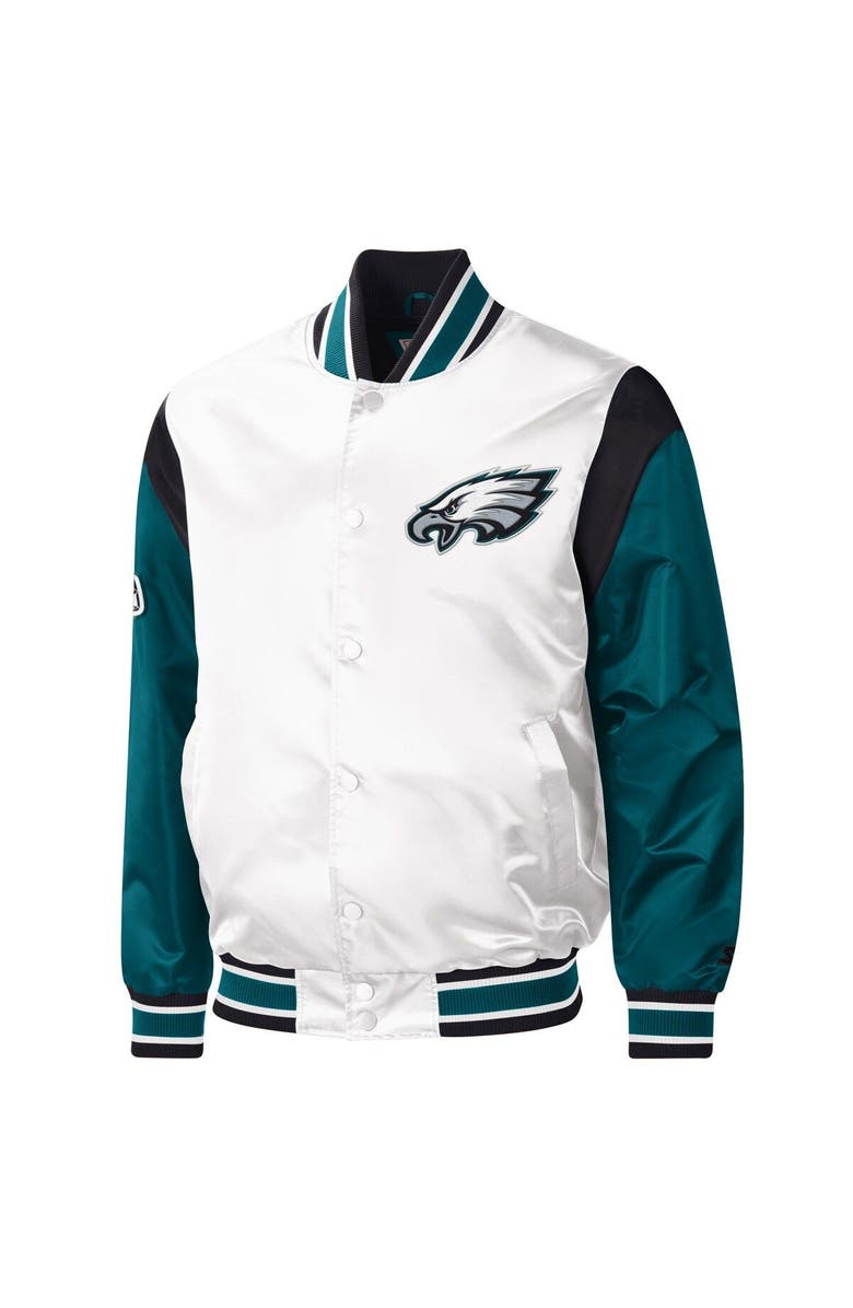 STARTER Men's Starter White Philadelphia Eagles Throwback Warm Up Pitch Satin Full-Snap Varsity Jacket, Alternate, color, 
