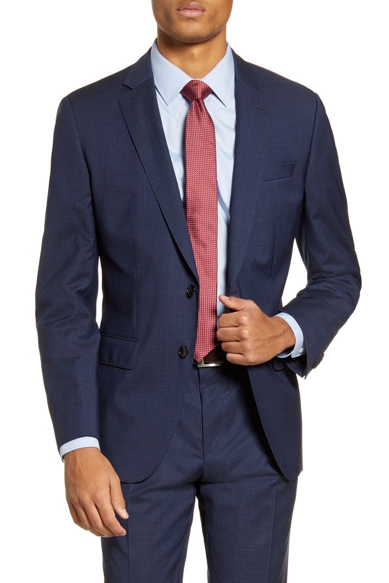 Huge/Genius Trim Fit Check Wool Suit, Alternate, color, NAVY
