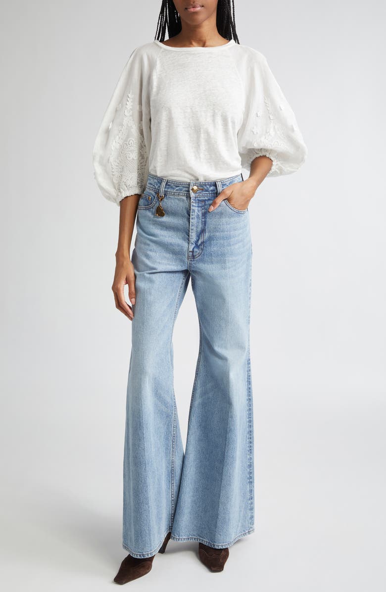 Zimmermann Lace Appliqué Lantern Sleeve Linen T-Shirt, Alternate, color, Ivory