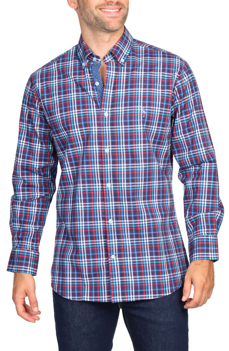 TailorByrd Regular Fit Plaid Stretch Button-Down Shirt, Main, color, Navy