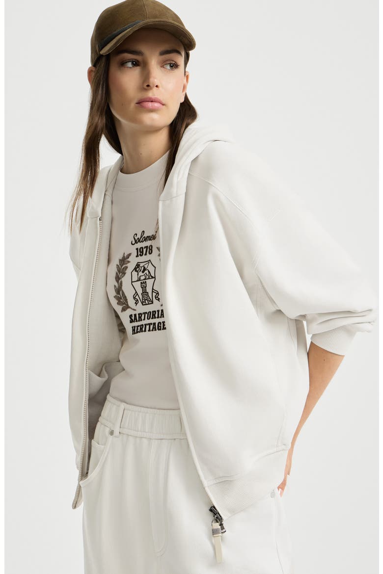 Cotton smooth French terry topwear with shiny zipper pull, Alternate, color, Milk