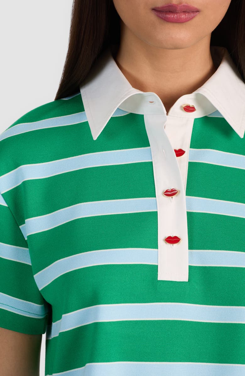 Alice + Olivia Lyle Short Sleeve Rugby Stripe Polo, Alternate, color, Green Apple/ Cloud Sky