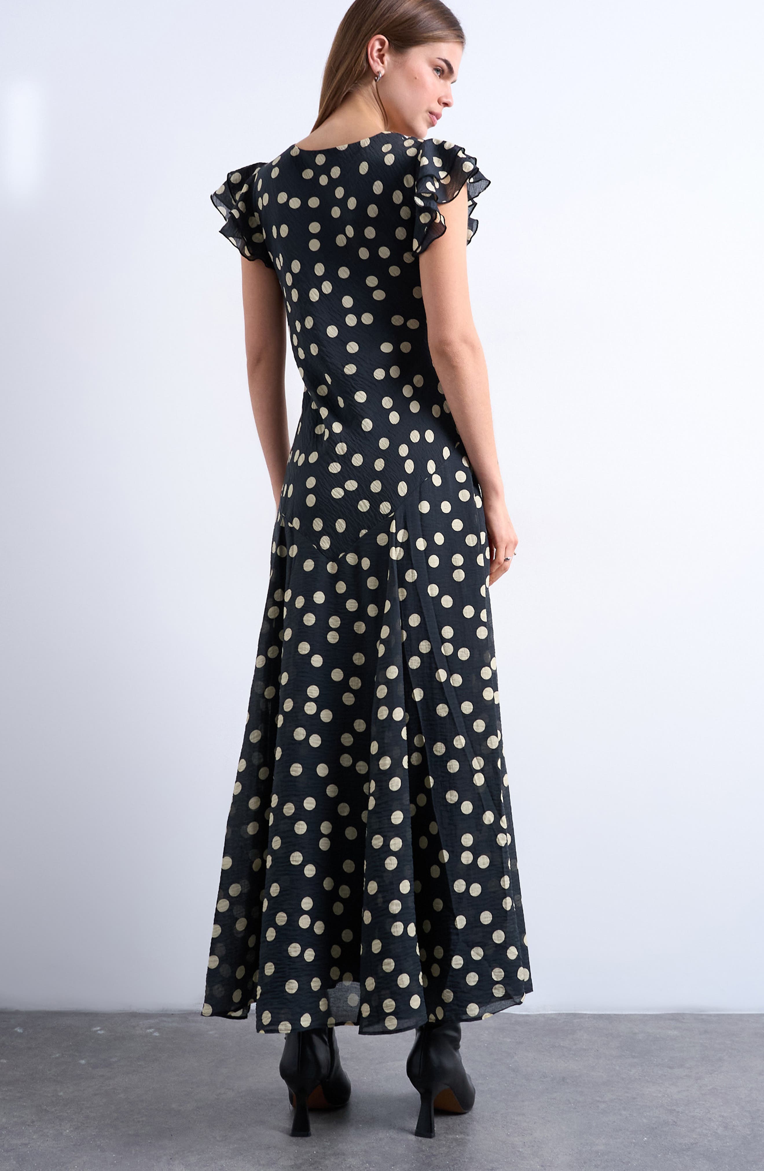 Flutter Sleeve Polka Dot V-Neck Midi Dress - image 2