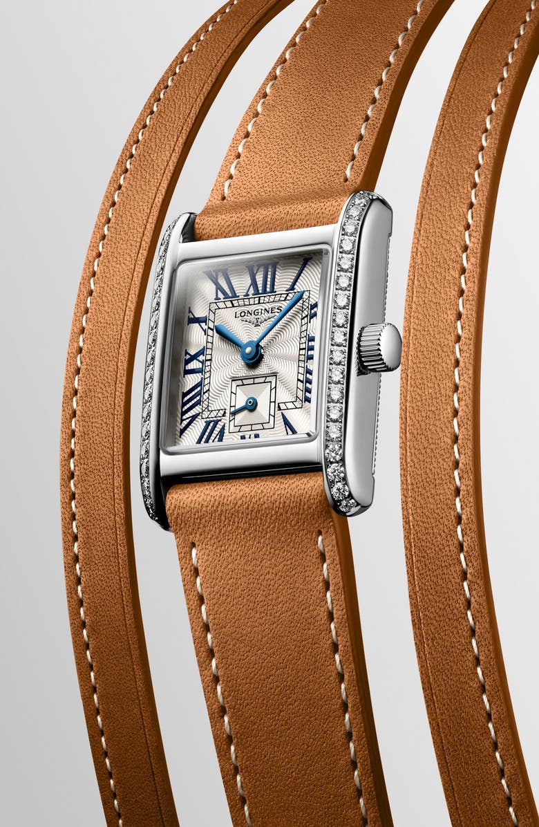 Longines Mini DolceVita Three-Row Brown Leather Strap Watch, 21.5mm x 29mm, Alternate, color, Silver