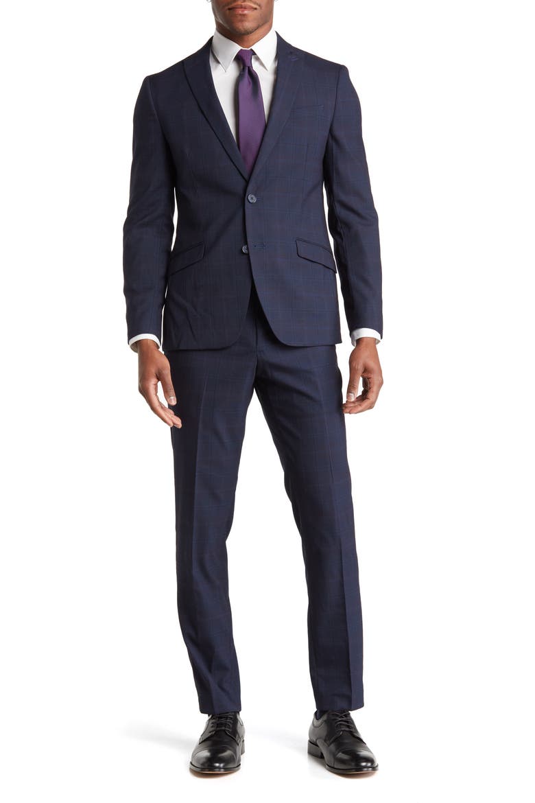 Navy Plaid Peak Lapel Suit, Main, color, NAVY