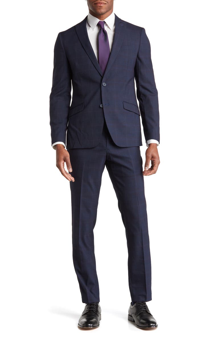 SAVILE ROW CO Navy Plaid Peak Lapel Suit, Main, color, Navy