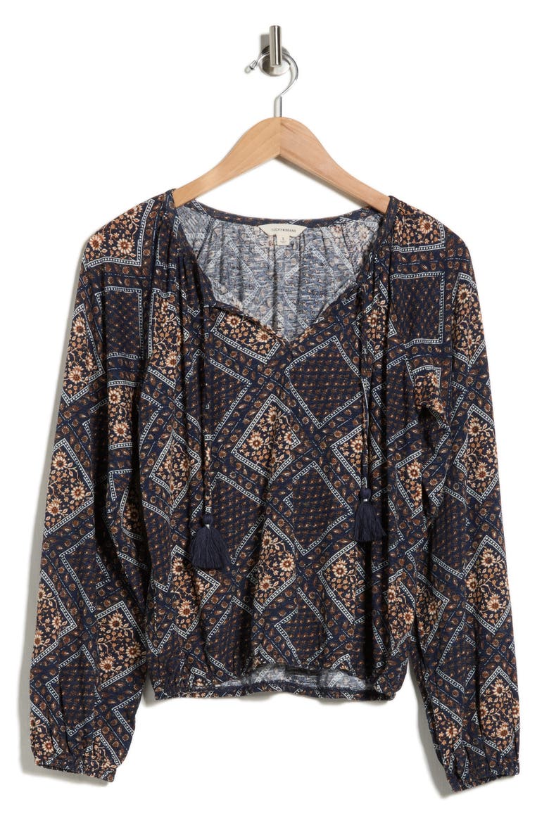 Tie Neck Bubble Hem Top, Alternate, color, NAVY MULTI