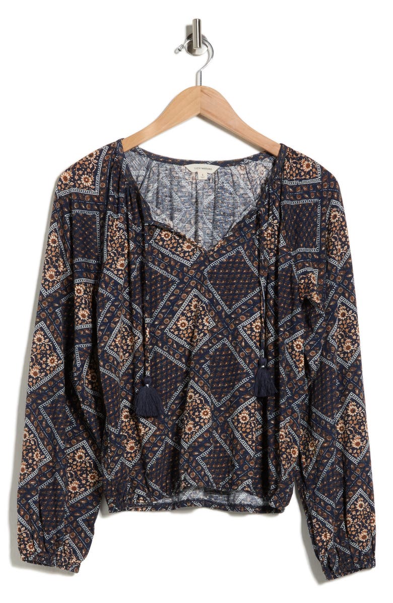 Lucky Brand Tie Neck Bubble Hem Top, Alternate, color, Navy Multi