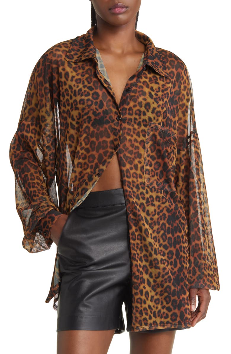 ASOS DESIGN Curve Leopard Print Mesh Button-Up Shirt, Main, color, 