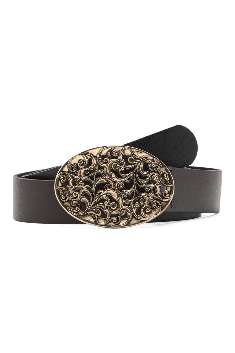 Engraved Buckle Leather Belt, Main, color, CHOCOLATE