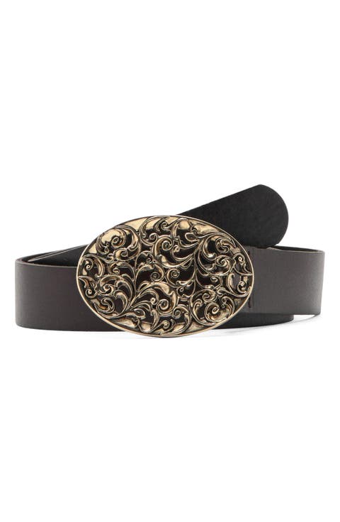 Engraved Buckle Leather Belt