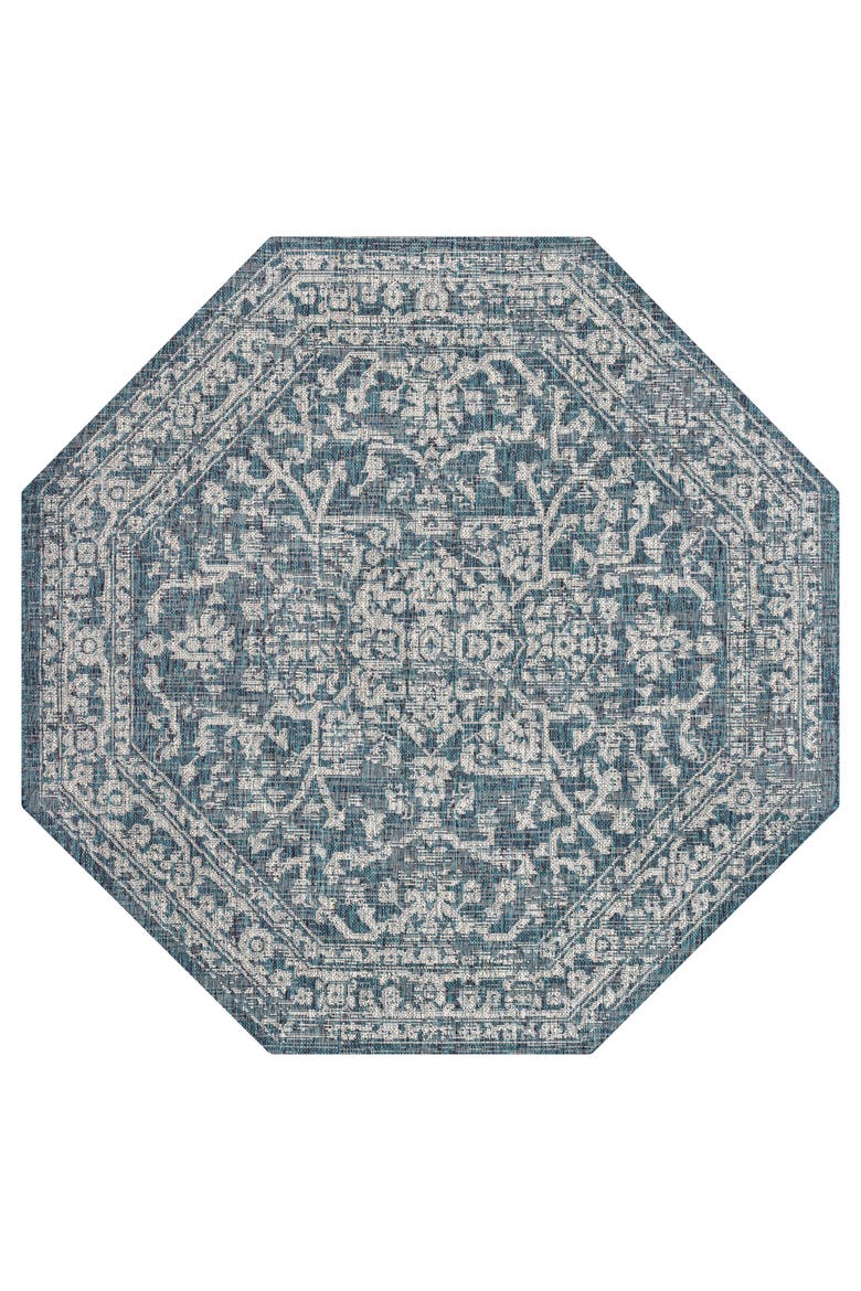 Malta Bohemian Medallion Textured Weave Octagon Indoor/Outdoor Area Rug, Main, color, Teal/Gray