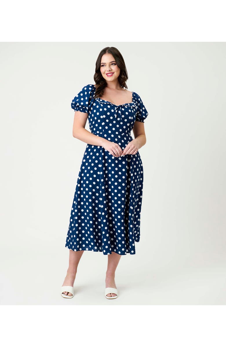 Unique Vintage Dot Puff Sleeve Midi Dress, Main, color, Navy/White