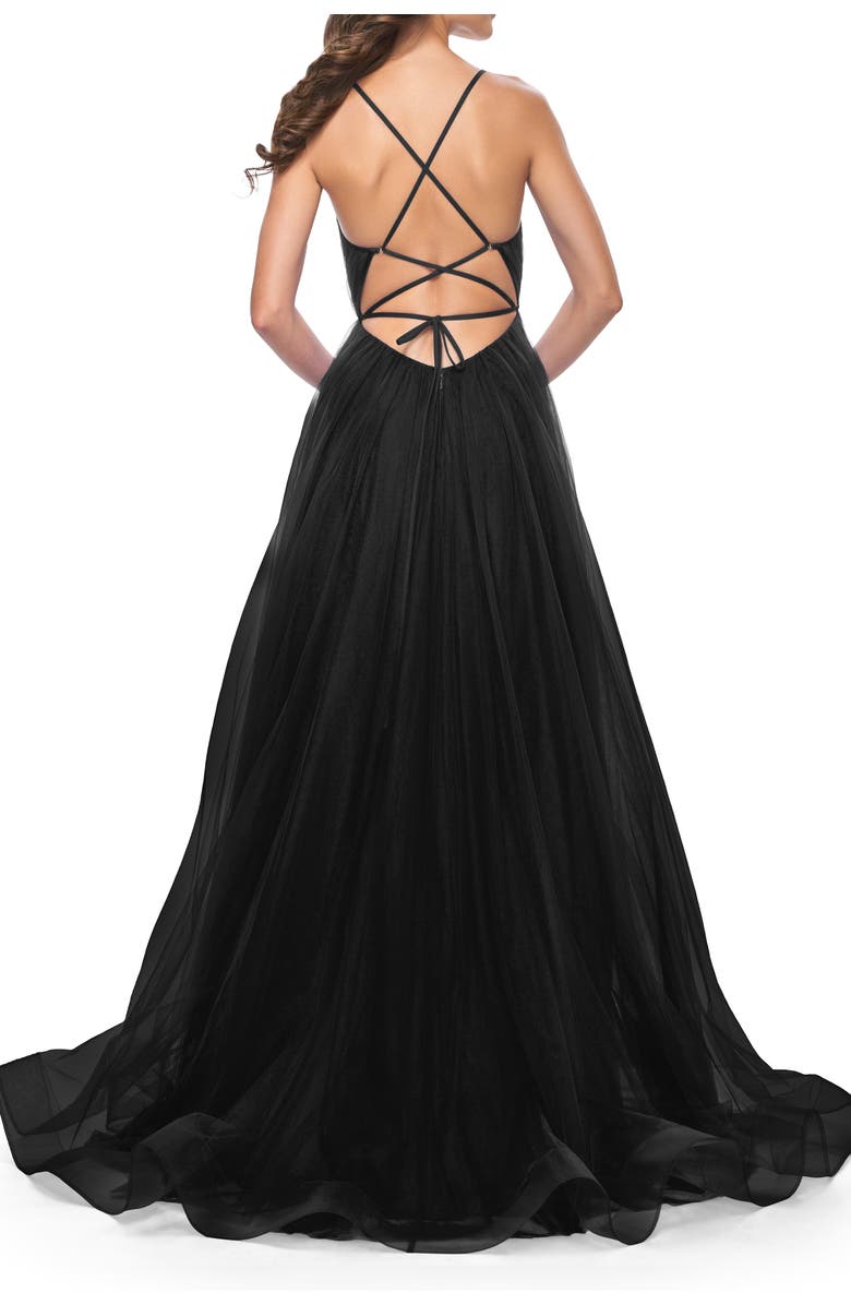 La Femme A-Line Prom Dress with Illusion Ruched Bodice, Alternate, color, Black