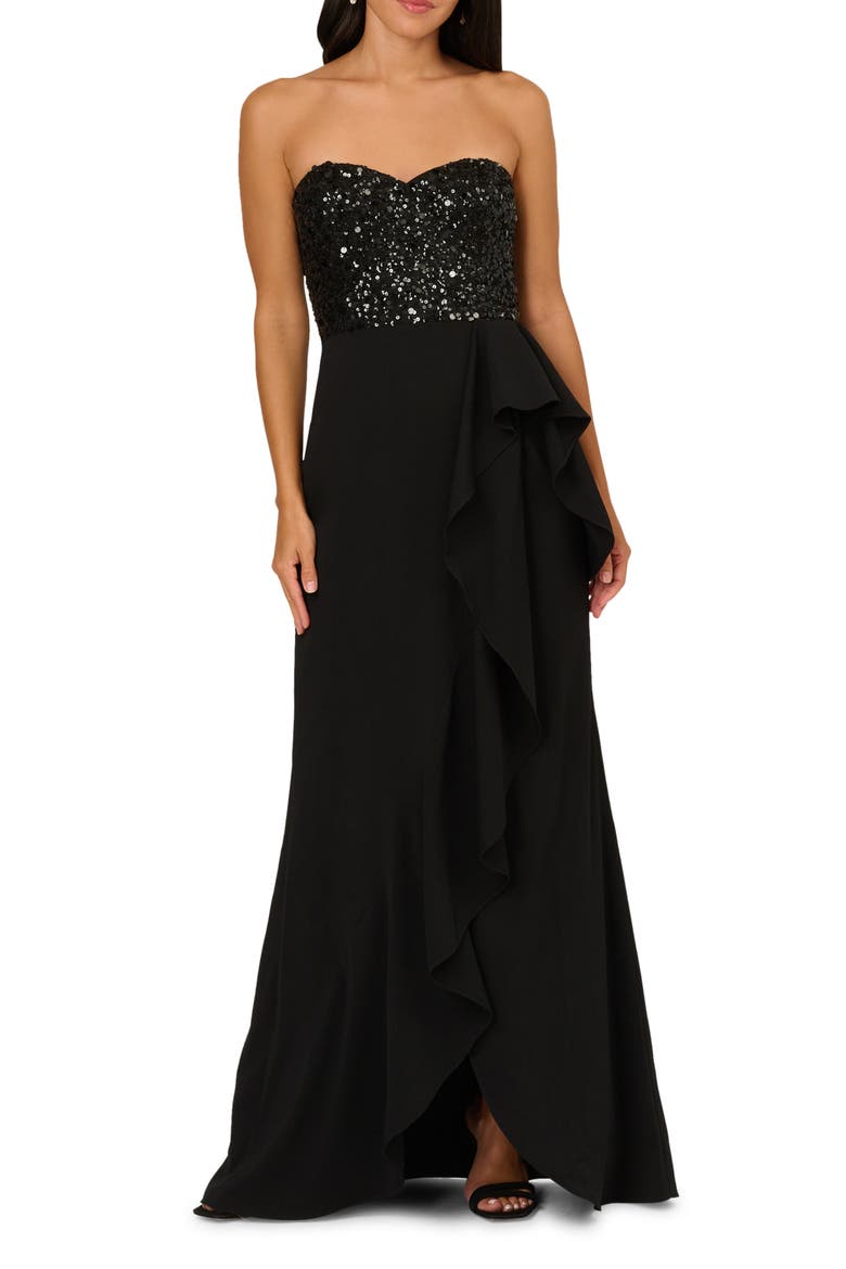 Beaded Bodice Strapless Mermaid Gown, Main, color, BLACK