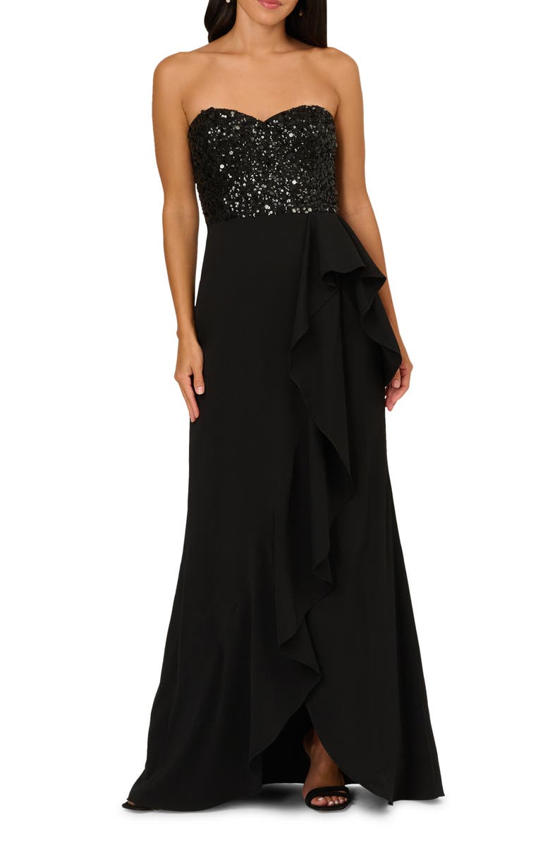 Adrianna Papell Beaded Bodice Strapless Mermaid Gown, Main, color, Black