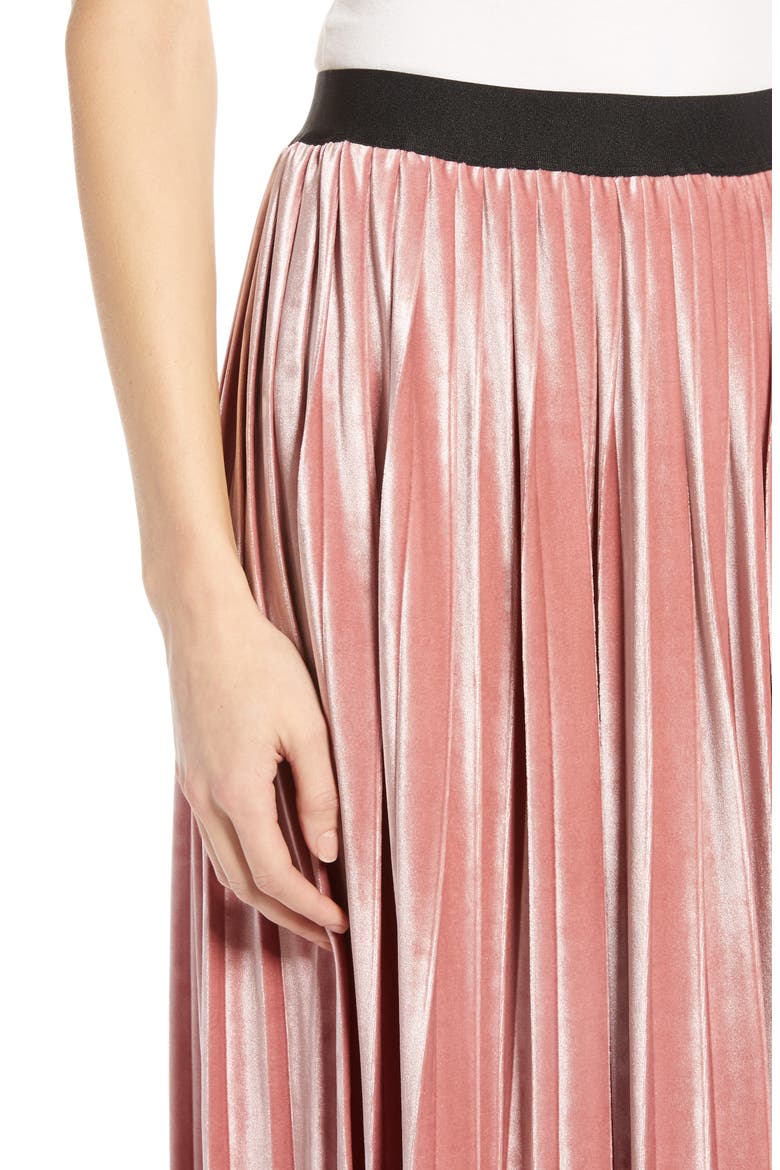 Velvet Pleated Midi Skirt, Alternate, color, PINK MESA