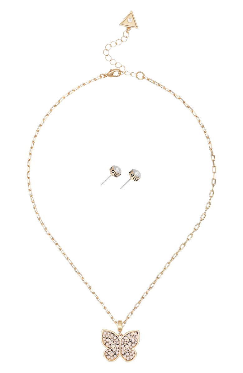 GUESS Butterfly Pendant Necklace & Stud Earrings Set, Alternate, color, Gold