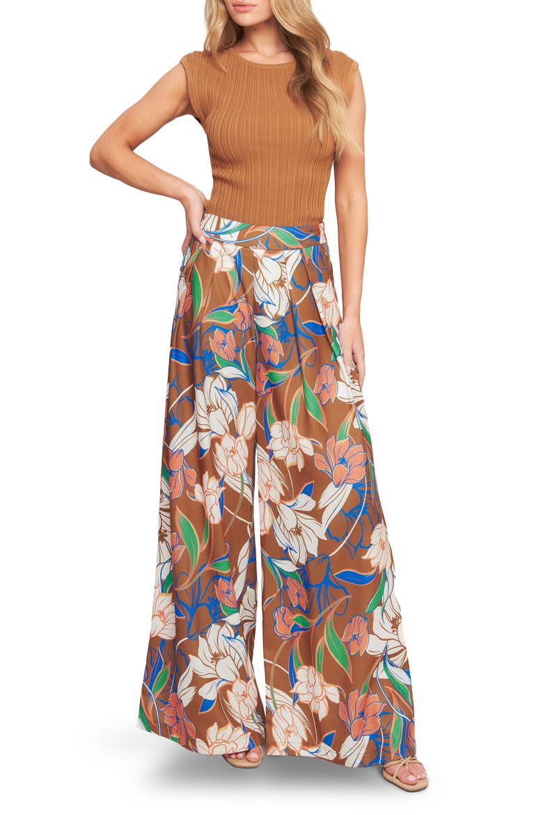 Floral Pleated Front Wide Leg Pants, Main, color, BROWN